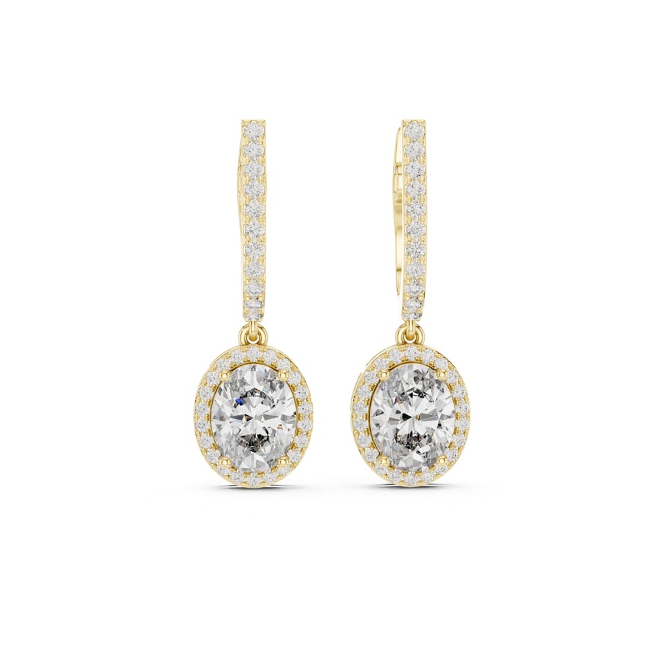 Oval Laboratory-Grown Diamond Halo Drop Earrings, 4.02 ct total in yellow gold, front view