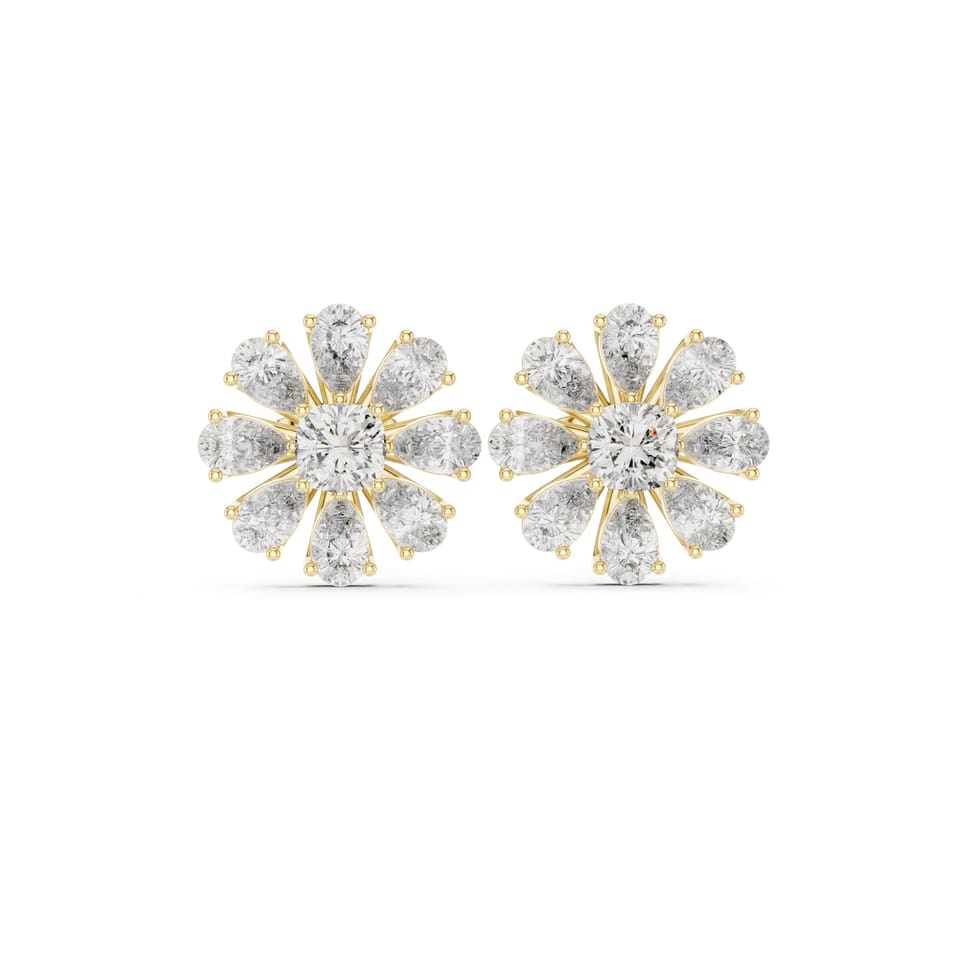 Pear Laboratory-Grown Diamond Daisy Cluster Stud Earrings, 3.40 ct total in yellow gold, front view