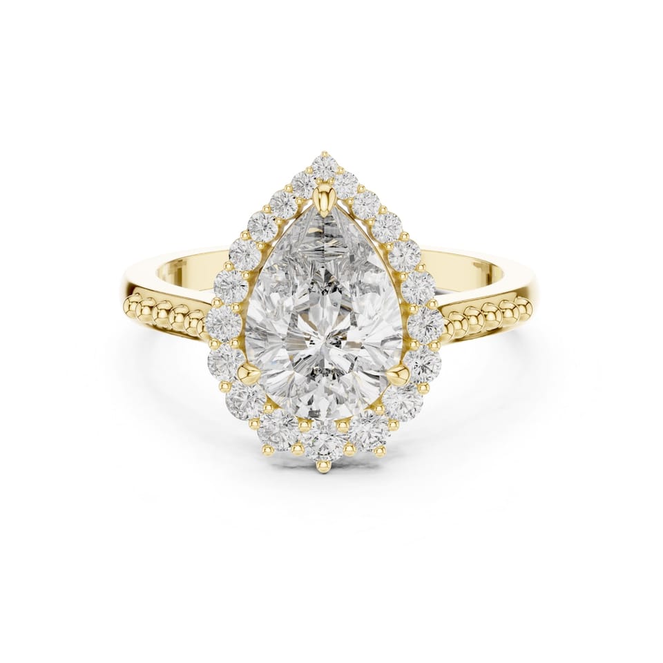 Pear Laboratory-Grown Diamond Halo Engagement Ring, 1.81 ct in yellow gold, front view