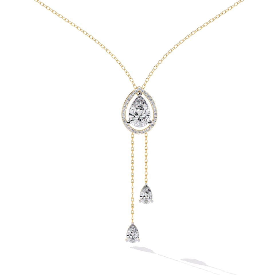 Pear Laboratory-Grown Diamond Halo Y-Drop Necklace, 1.81 ct total in yellow gold, front view