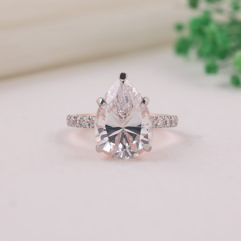 Pear Laboratory-Grown Diamond Pavé Solitaire Engagement Ring, 3.50 ct, photographed sample in 14K rose gold with white-plated claws and pavé settings, front view