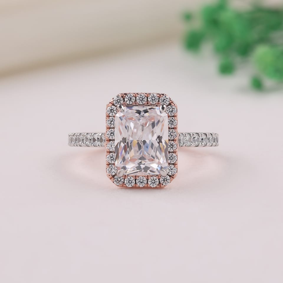 Radiant-Cut Laboratory-Grown Diamond Halo Engagement Ring, 3.58 ct total, photographed sample in 14K rose gold with white-plated claws and pavé settings, front view