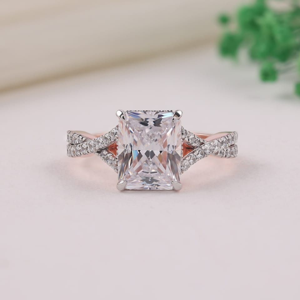 Radiant-Cut Laboratory-Grown Diamond Twisted Pavé Hidden Halo Engagement Ring, 3.57 ct total, photographed sample in 14K rose gold with white-plated pavé, hidden halo and claws, front view