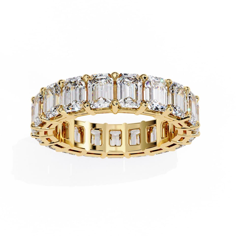 Emerald Laboratory-Grown Diamond Eternity Wedding Band, 4.88 ct total in yellow gold, front view