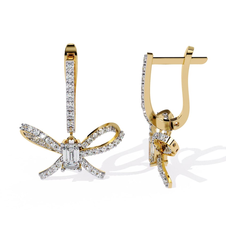 Laboratory-Grown Diamond Bow Drop Earrings, 1.18 ct total in yellow gold, front view