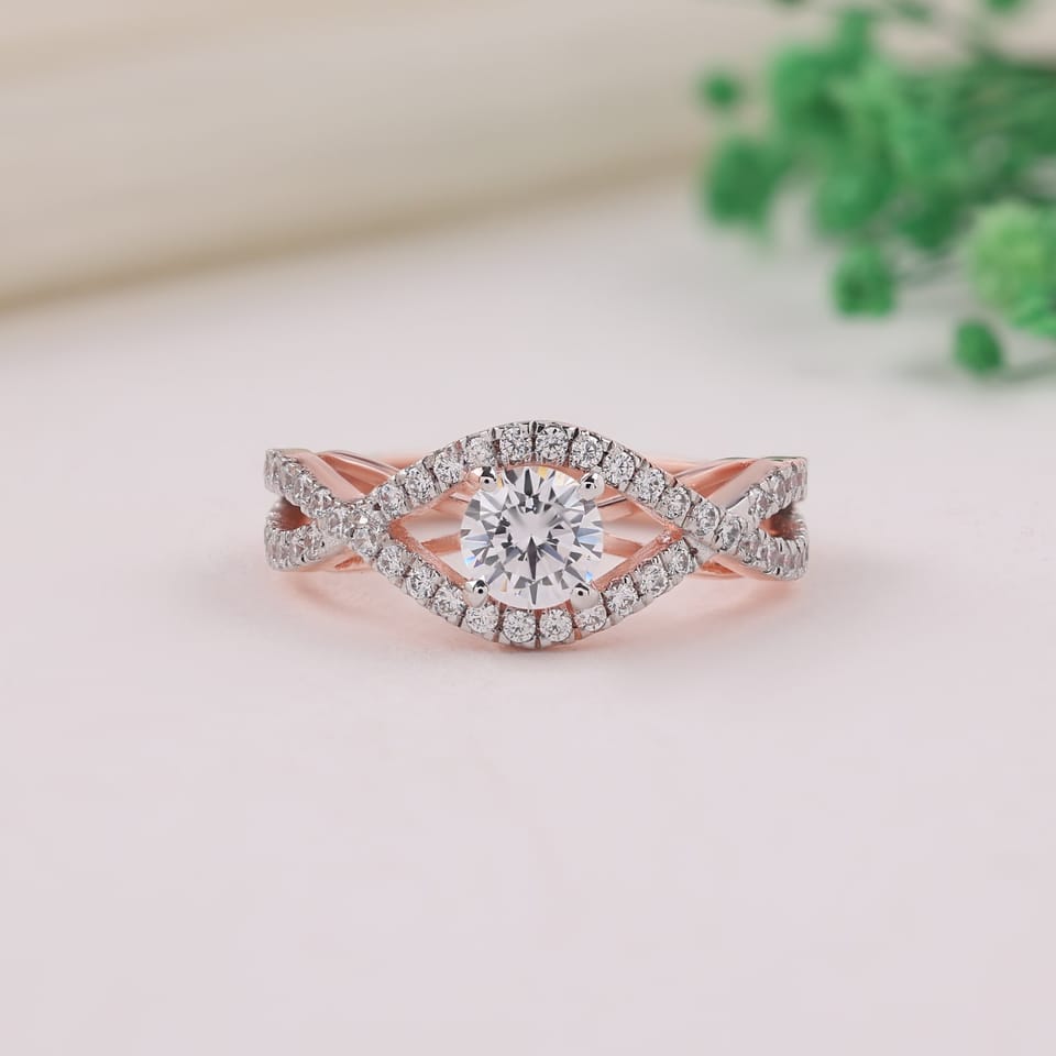 Round Laboratory-Grown Diamond Crossover Pavé Engagement Ring, 1.35 ct total, photographed sample in 14K rose gold with white-plated claws and pavé settings, front view