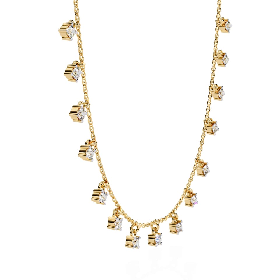 Round Laboratory-Grown Diamond Dangle Station Necklace, 0.88 ct total in yellow gold, front view