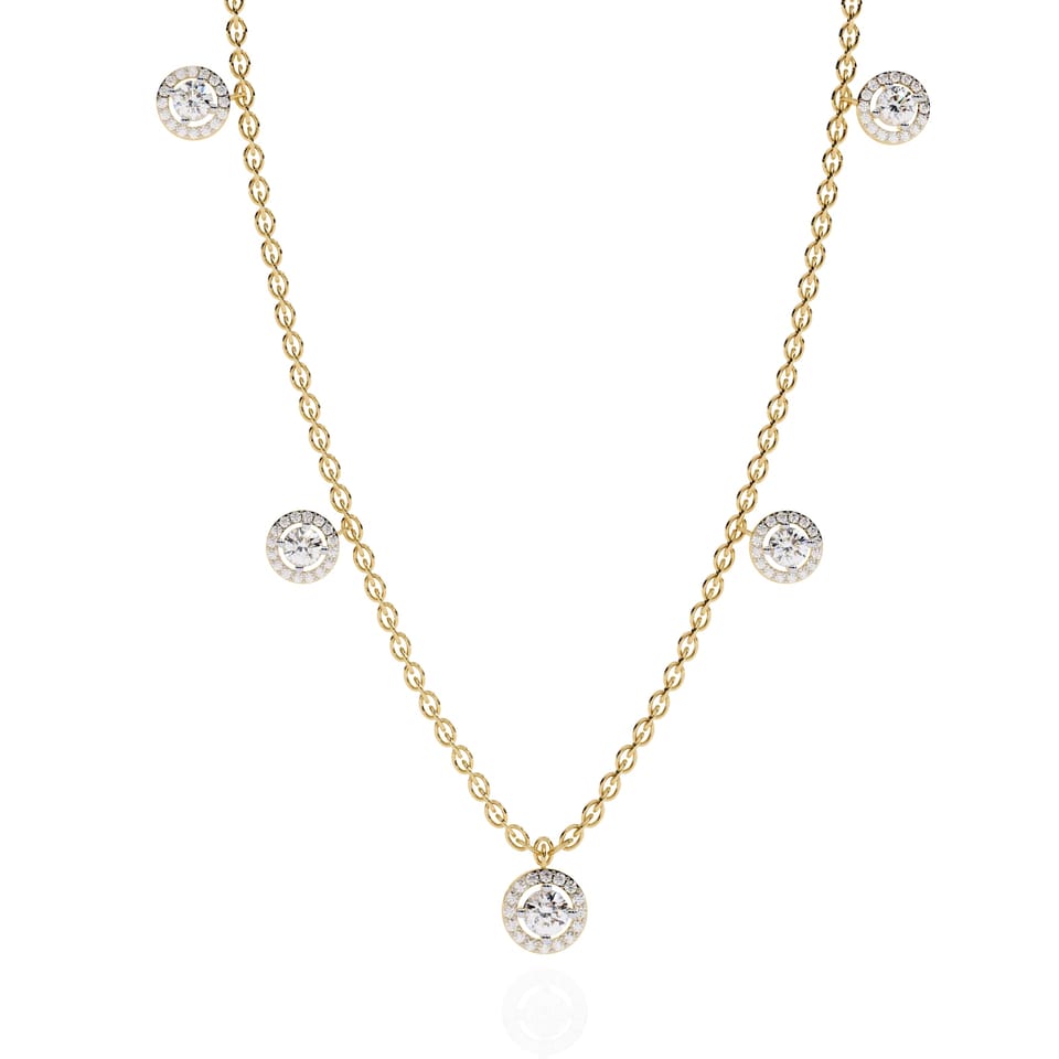 Round Laboratory-Grown Diamond Halo Station Necklace, 4.72 ct total in yellow gold, front view