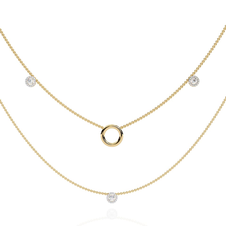 Round Laboratory-Grown Diamond Layered Halo Station Necklace, 0.46 ct total in yellow gold, front view