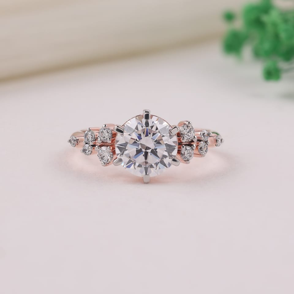 Round Laboratory-Grown Diamond Scatter Cluster Engagement Ring, 2.26 ct total, photographed sample in 14K rose gold with white-plated claws, front view