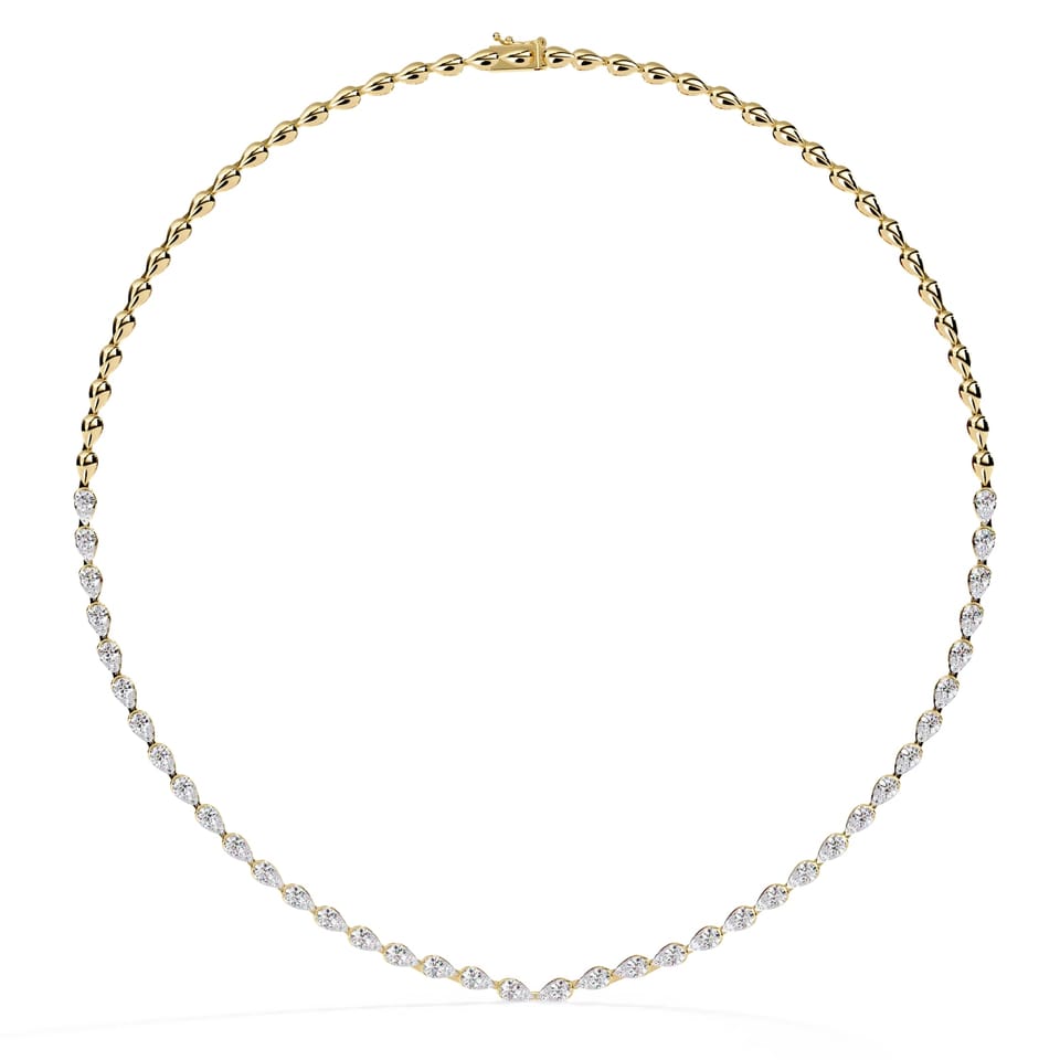 Round Laboratory-Grown Diamond Teardrop Link Half-Tennis Necklace, 4.83 ct total in yellow gold, front view