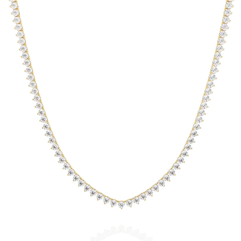 Round Laboratory-Grown Diamond Three-Prong Tennis Necklace, 5.70 ct total in yellow gold, front view