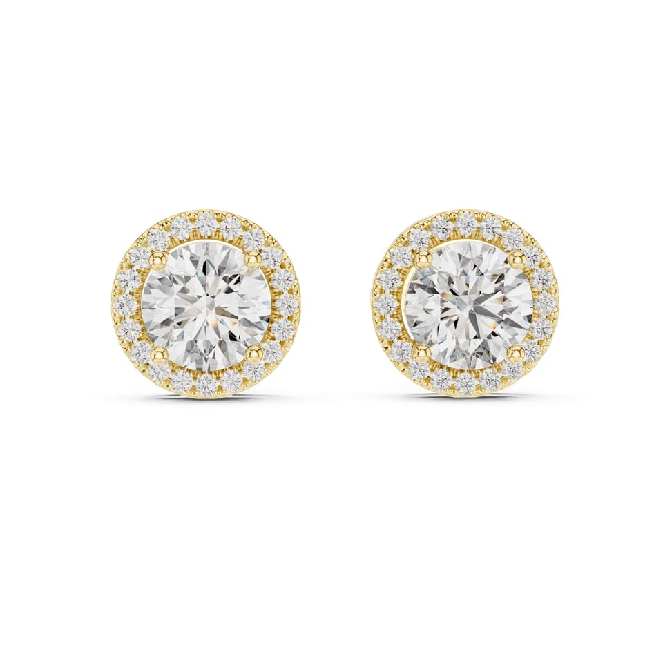 Round Laboratory-Grown Diamond Halo Stud Earrings, 2.90 ct total in yellow gold, front view