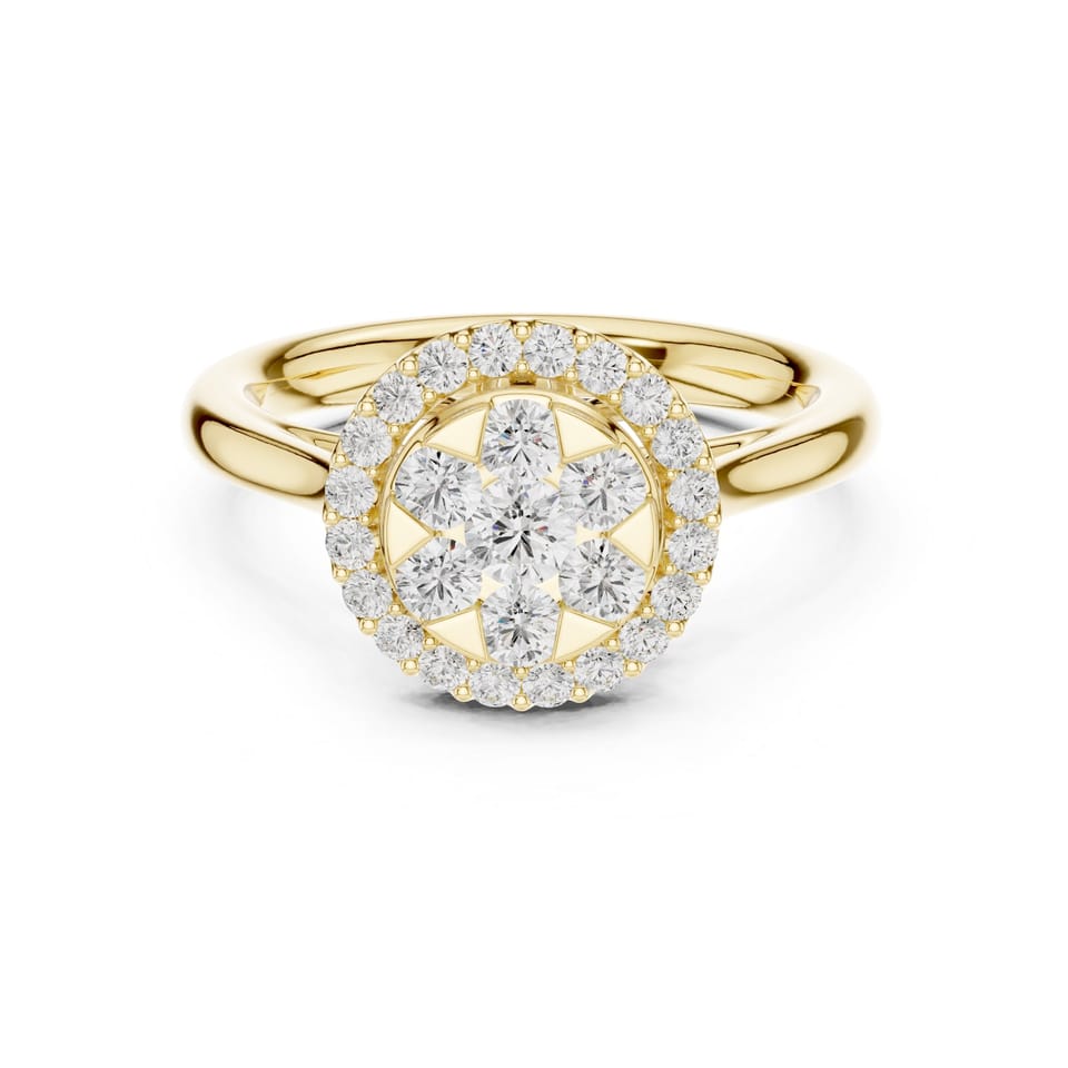 Laboratory-Grown Diamond Halo Cluster Engagement Ring, 0.72 ct total in yellow gold, front view