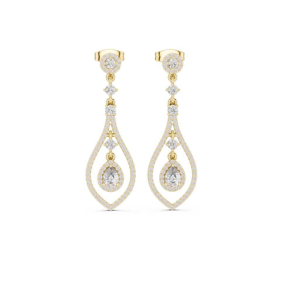 Pear Laboratory-Grown Diamond Chandelier Drop Earrings, 1.30 ct total in yellow gold, front view