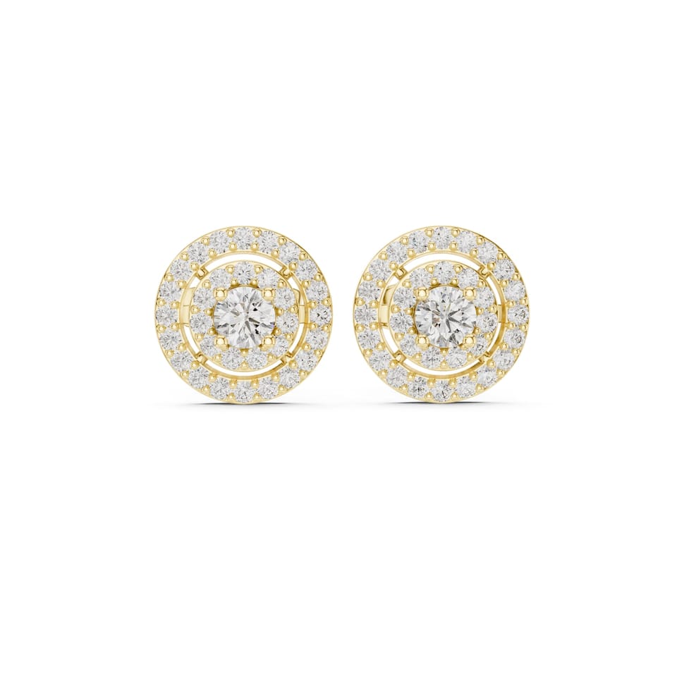 Laboratory-Grown Diamond Double Halo Stud Earrings, 0.59 ct total in yellow gold, front view