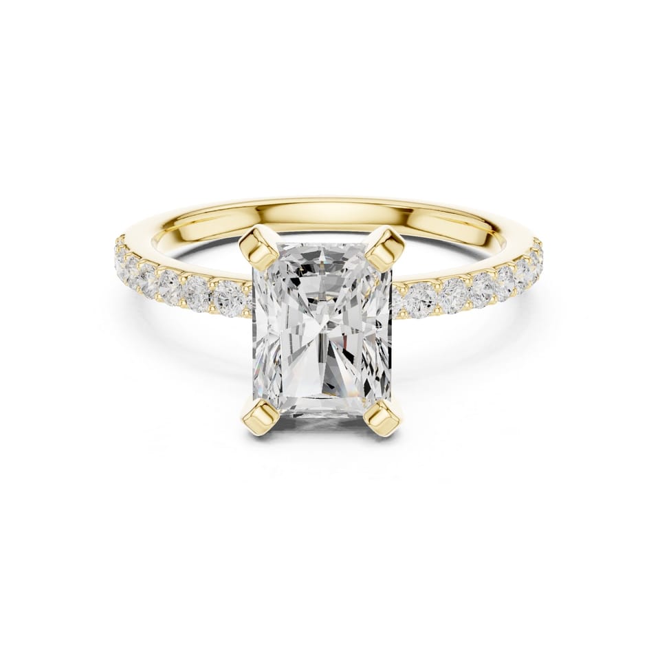 Laboratory-Grown Diamond Radiant Solitaire with Pavé Band, 2.00 ct in yellow gold, front view