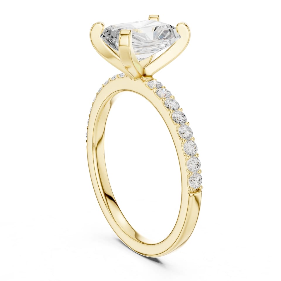 Laboratory-Grown Diamond Radiant Solitaire with Pavé Band, 2.00 ct in yellow gold