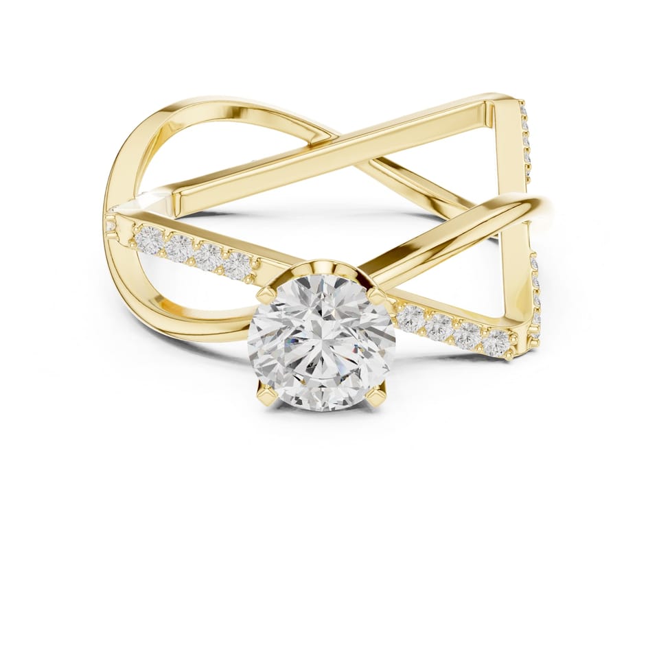 Laboratory-Grown Diamond Criss-Cross Solitaire Engagement Ring, 0.95 ct in yellow gold, front view