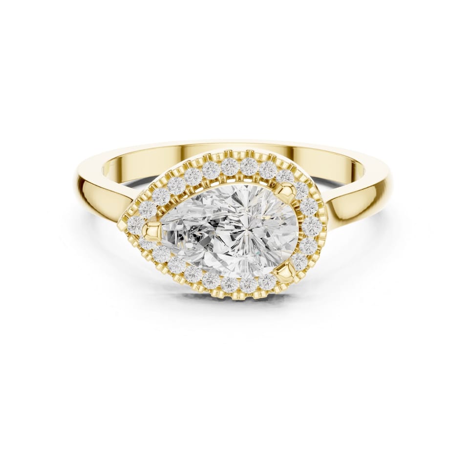 Laboratory-Grown Diamond East-West Pear Halo Engagement Ring, 0.95 ct in yellow gold, front view